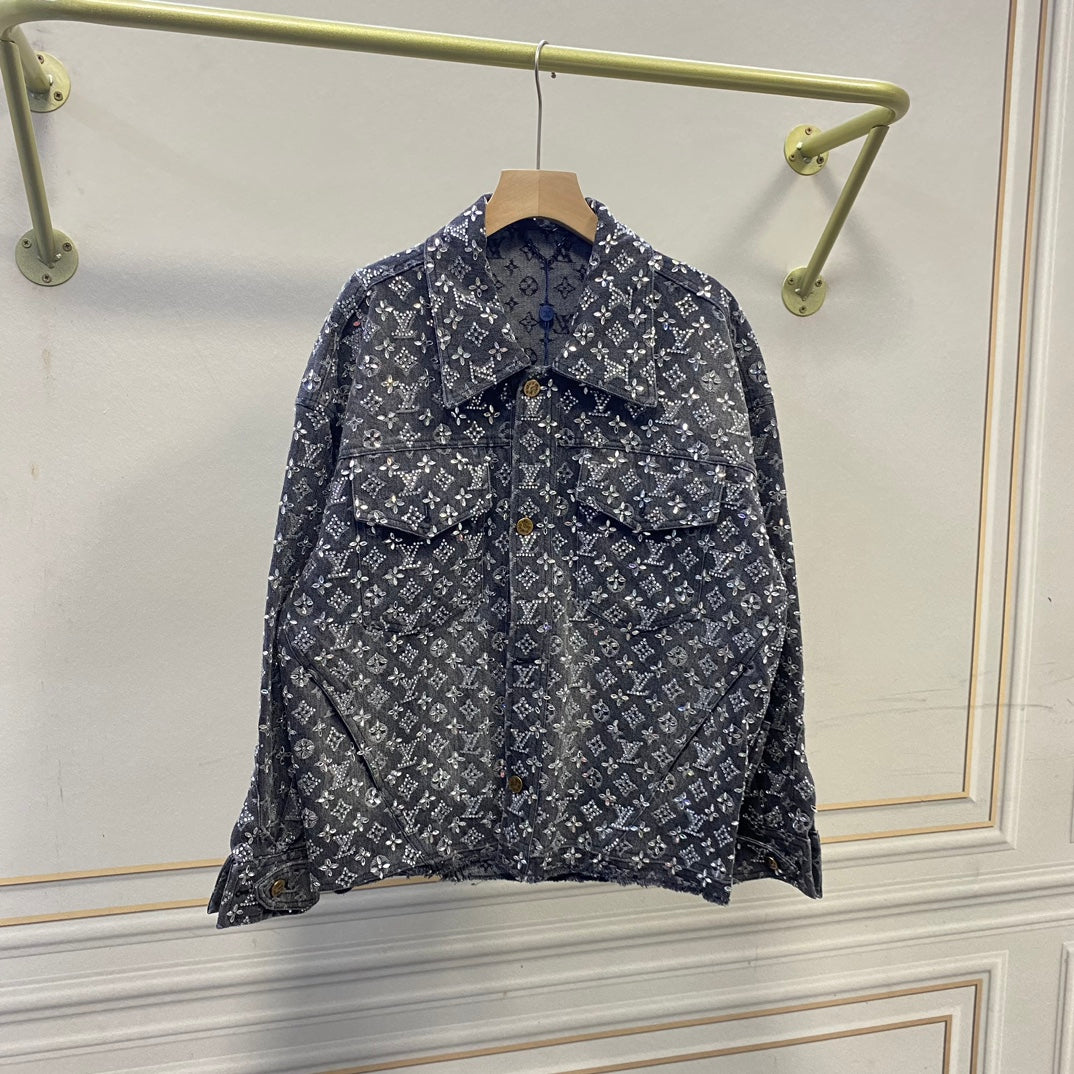 Heavy-duty diamond-studded denim long-sleeved jacket