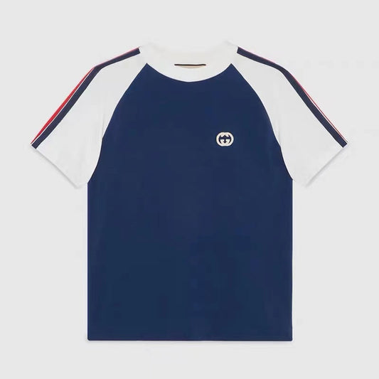 Red and blue color block T-shirt with interlocking G embroidery on the chest