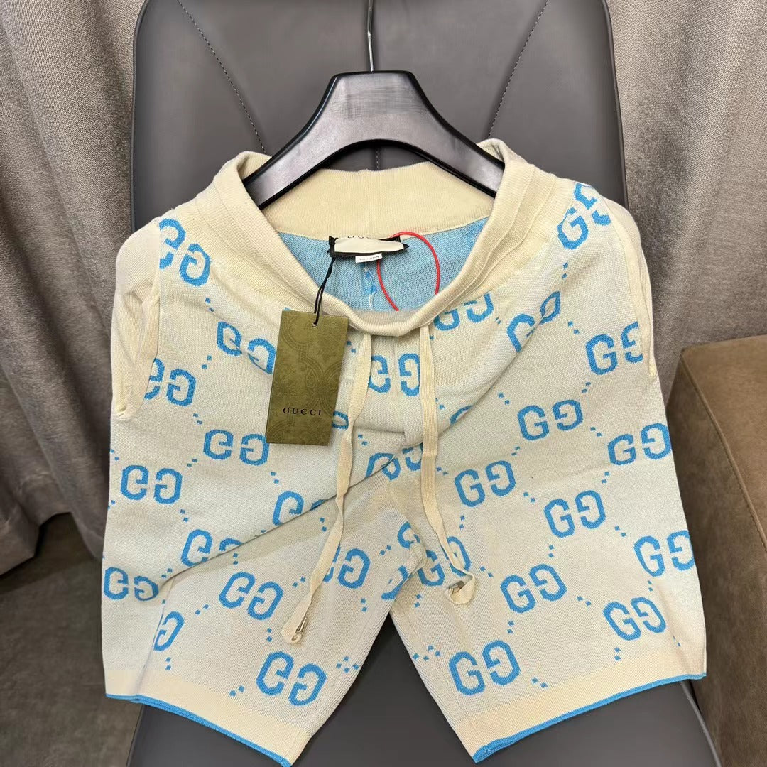 24ss G family light blue full logo knitted suit 1:1