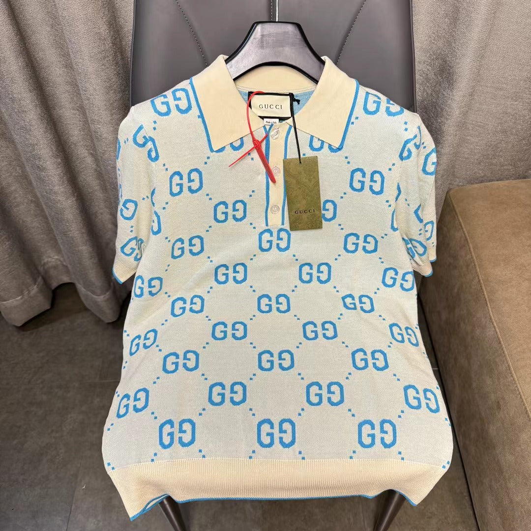 24ss G family light blue full logo knitted suit 1:1