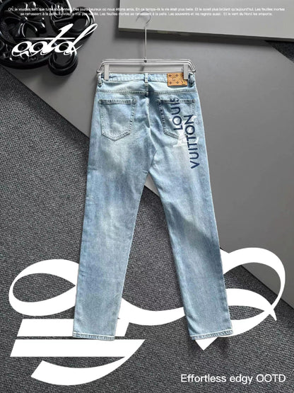 Distressed jeans on the front, lettering on the back