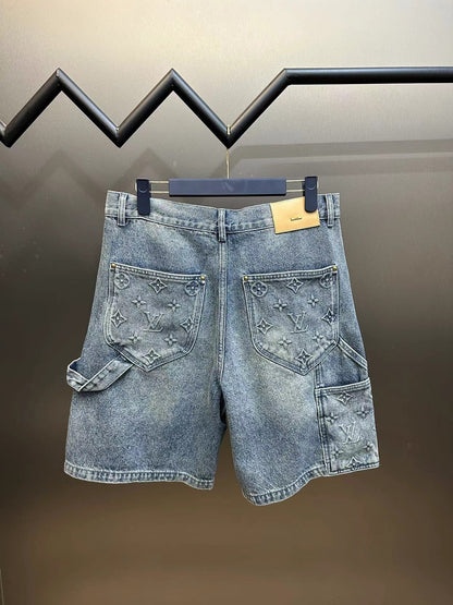 New leather label casual denim T-shirt and shorts set