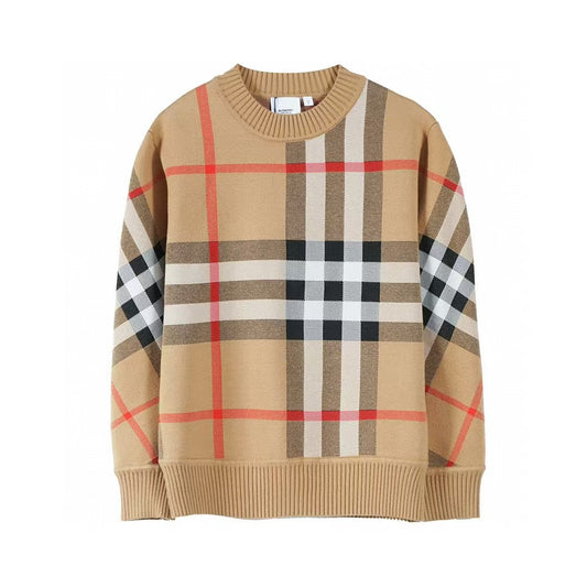 Classic plaid wool jacquard round neck sweater