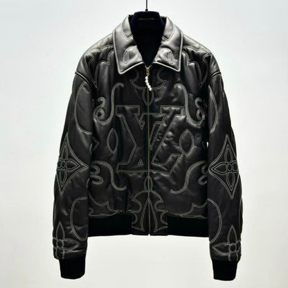 Embroidered Leather Aviator Jacket