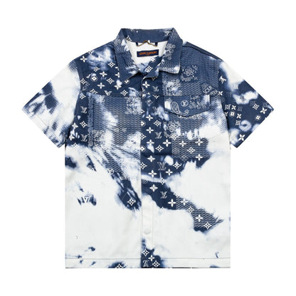 Elegant or casual tie-dye denim short-sleeve shirt with delicate print